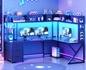L-Shaped Gaming & Computer Desk with Storage, LED Lights & Power Outlet