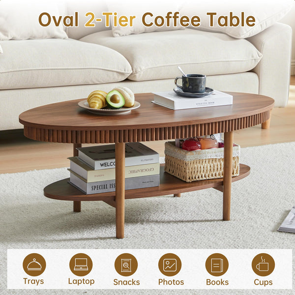 Oval Coffee Table with 2-Tier Storage Shelf