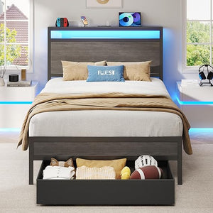 Metal Bed Frame with Storage Headboard, LED Lights & Charging Station