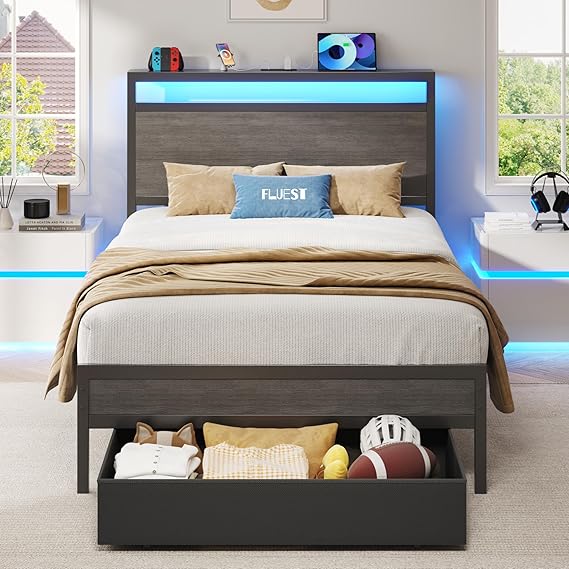 Metal Bed Frame with Storage Headboard, LED Lights & Charging Station