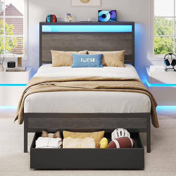 Queen Bed Frame with Storage Headboard, LED Lights & Charging Station