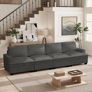 Oversized Modular Sectional Sofa – 4-Seat Corduroy Couch with Nailhead Trim & Storage Ottoman