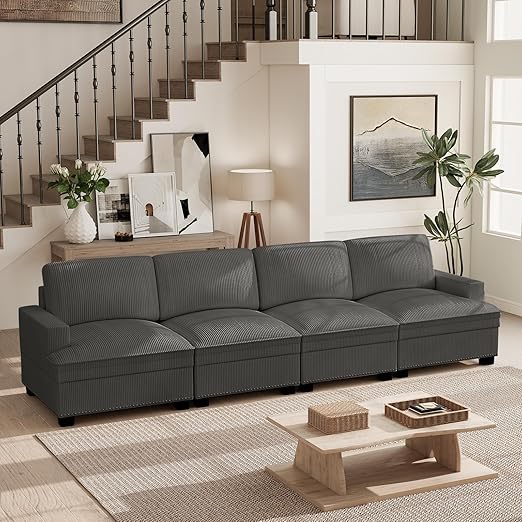 Oversized Modular Sectional Sofa – 4-Seat Corduroy Couch with Nailhead Trim & Storage Ottoman