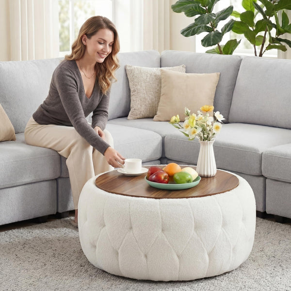 Round Storage Ottoman with Wooden Tabletop