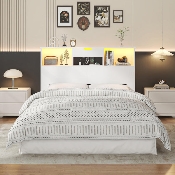 Queen Size Bookcase Headboard with Storage, LED Lights & Charging Station