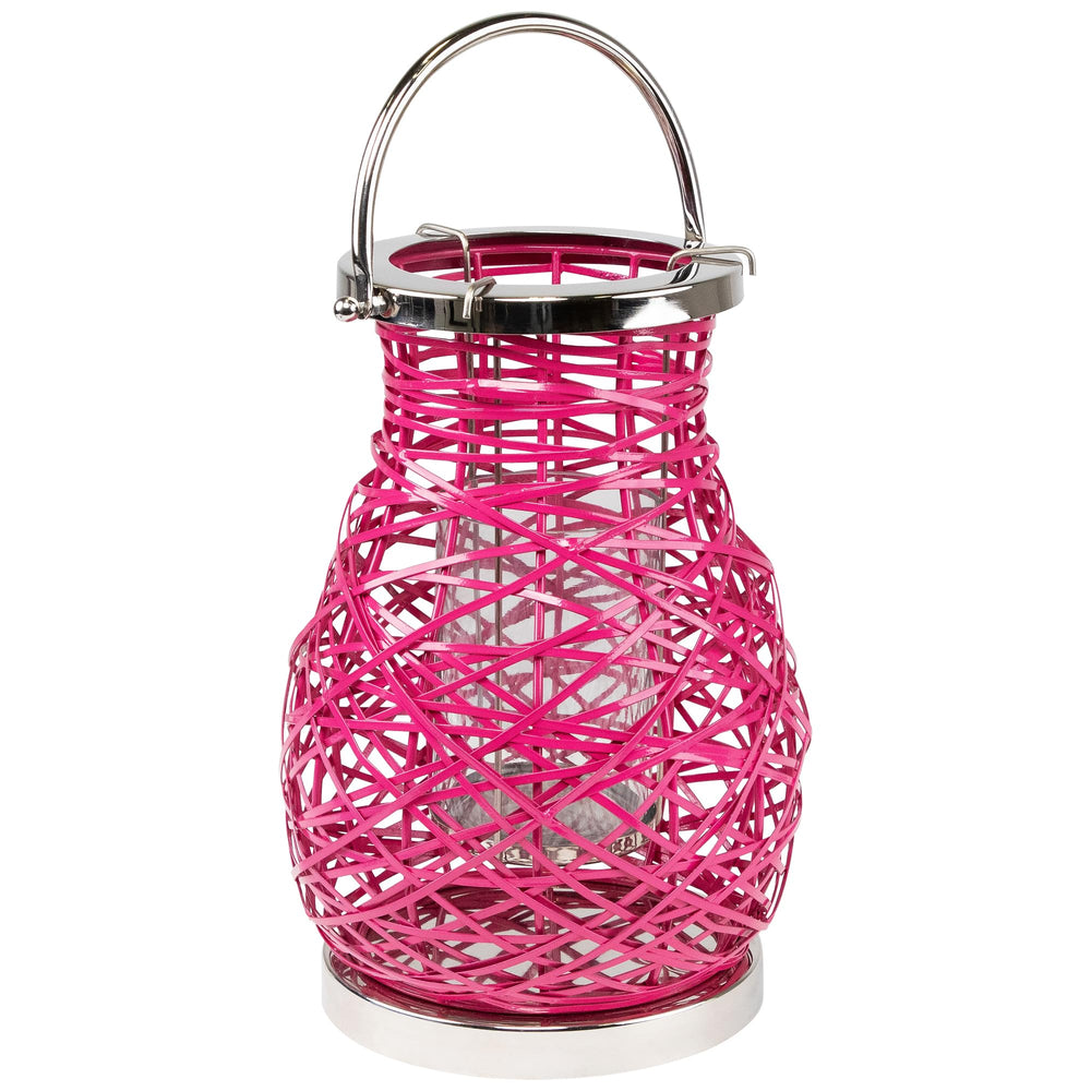 Pink Woven Iron Pillar Candle Lantern with Glass Hurricane