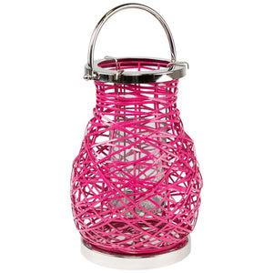 Pink Woven Iron Pillar Candle Lantern with Glass Hurricane