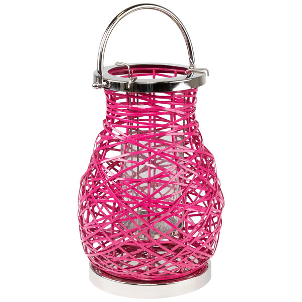 Pink Woven Iron Pillar Candle Lantern with Glass Hurricane