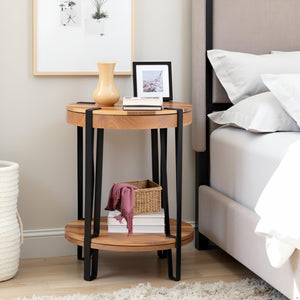 2-Tier Round Acacia Wood & Metal End Table with Bottom Shelf