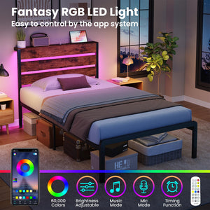 Twin Platform Bed Frame with LED Lights & Charging Station
