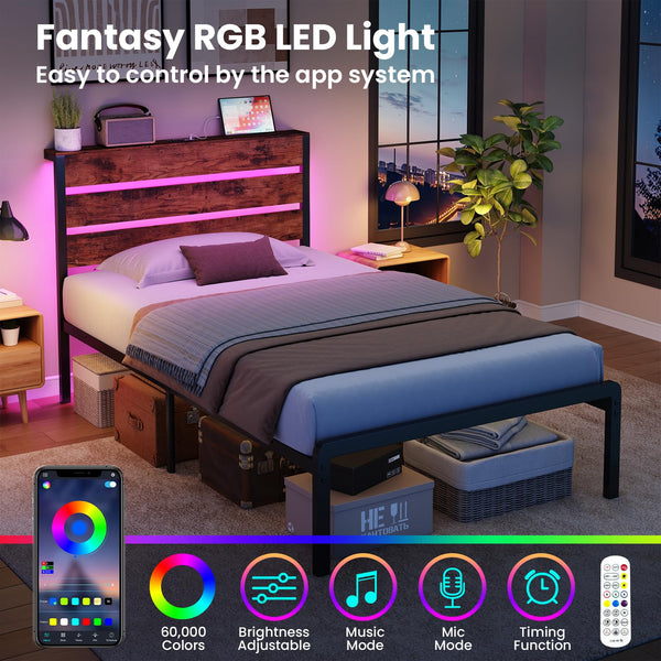 Twin Platform Bed Frame with LED Lights & Charging Station