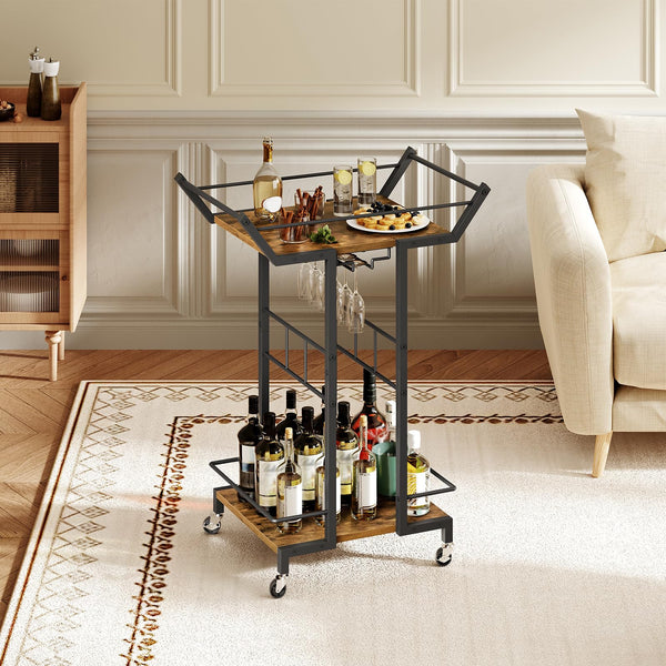 3-Tier Bar Cart with Wine Glass Rack & Wheels