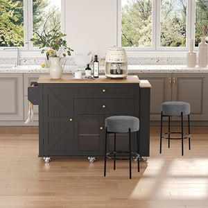 Extendable Rolling Kitchen Island with Storage Cabinet, Drawers & Shelves