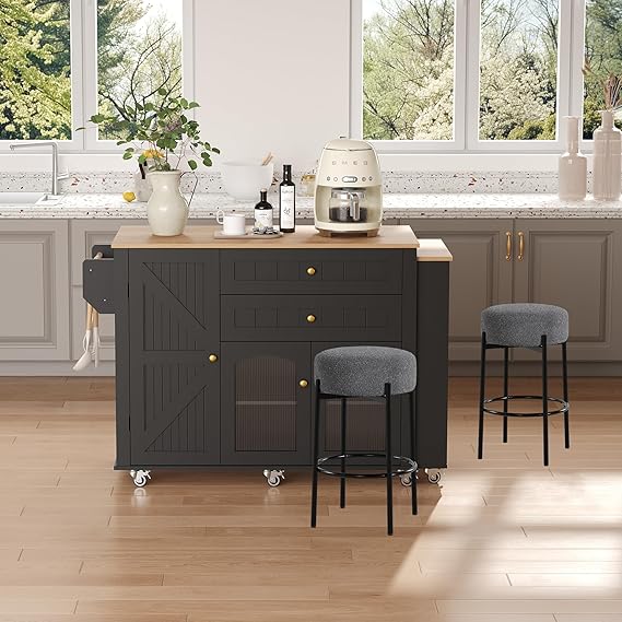 Extendable Rolling Kitchen Island with Storage Cabinet, Drawers & Shelves