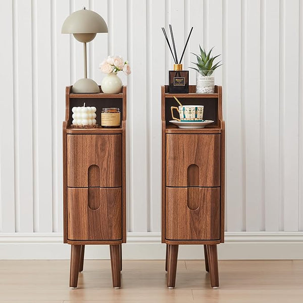Mid-Century Modern Narrow Nightstand with 2 Drawers