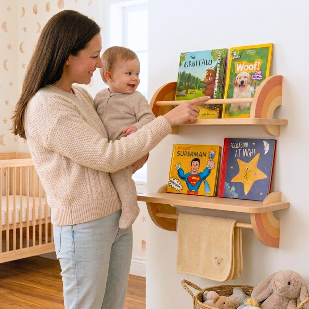 Solid Beechwood Kids Floating Wall Shelves Set of 2 with Hanging Bar