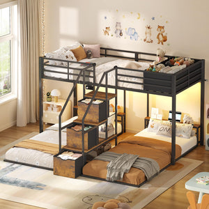 Triple Bunk Bed with Storage Staircase, RGB Lights & Charging Station – Twin Over Twin