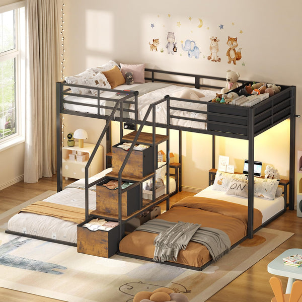 Triple Bunk Bed with Storage Staircase, RGB Lights & Charging Station – Twin Over Twin