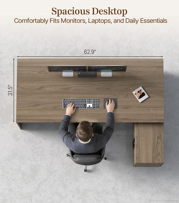 L-Shaped Executive Desk with Power Outlets & Storage