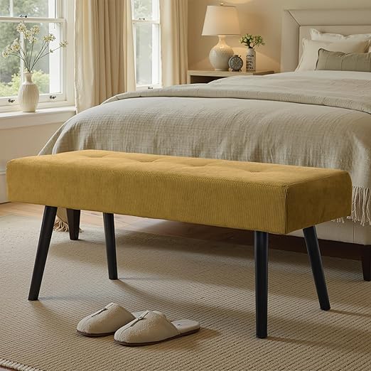 Corduroy Upholstered Entryway Bench with Metal Frame