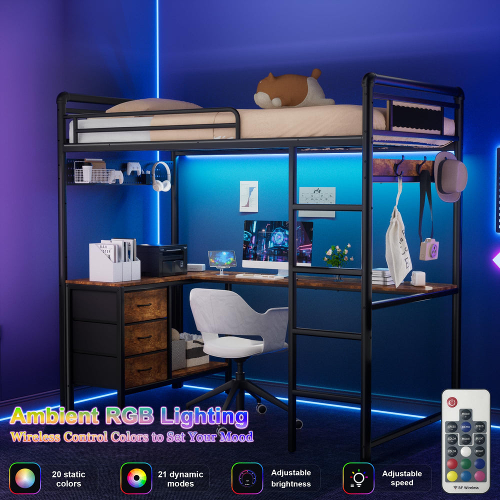 Twin Loft Bed with L-Shaped Desk, LED Lights & Storage