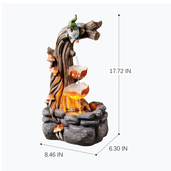 Gnome Outdoor Water Fountain with LED & Cascading Mushroom Waterfall