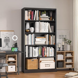 5-Tier Tall Metal Bookcase with Adjustable Shelves