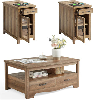 3-Piece Farmhouse Living Room Table Set with Charging Station