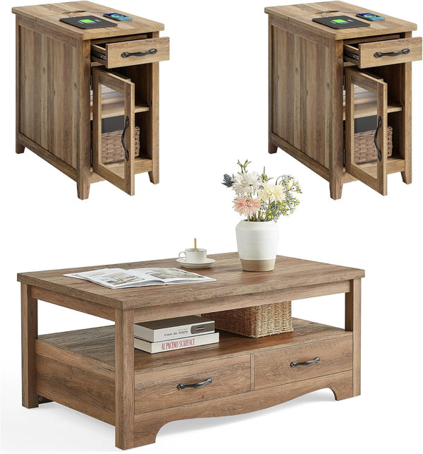 3-Piece Farmhouse Living Room Table Set with Charging Station