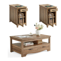 3-Piece Farmhouse Coffee Table & End Table Set with Charging Station