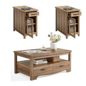 3-Piece Farmhouse Coffee Table & End Table Set with Charging Station