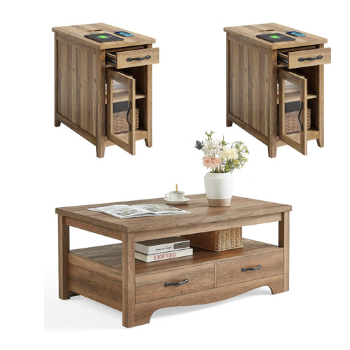 3-Piece Farmhouse Coffee Table & End Table Set with Charging Station