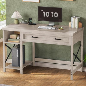 Small Desk with Drawers, Storage Shelves & Built-In Power Outlet