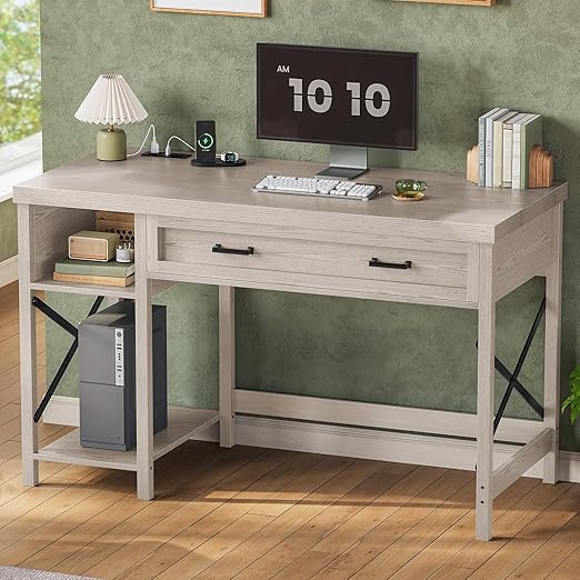 Small Desk with Drawers, Storage Shelves & Built-In Power Outlet