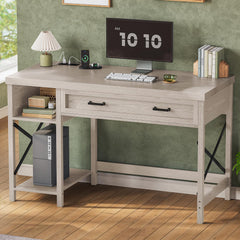 SEDETA Farmhouse Small Desk with Drawers, 40" Computer Desk with Storage Shelves, Writing Desk for Small Space and Power Outlet, Desk for Bedroom, Home Office, Mahogany Grey