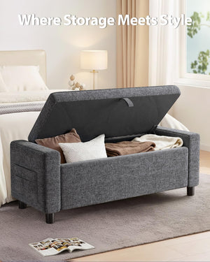 Storage Ottoman Bench with Hidden Compartment & Side Pocket