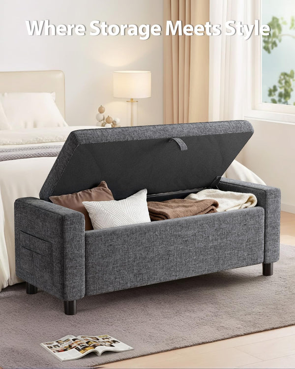 Storage Ottoman Bench with Hidden Compartment & Side Pocket