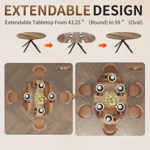 Round to Oval Extendable Dining Table with Metal Frame