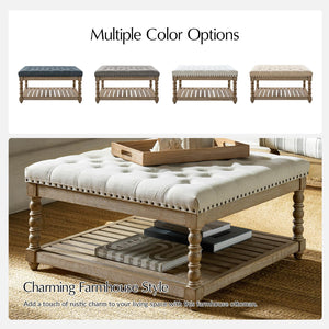 Upholstered Rectangular Ottoman with Spindle Legs & Storage Shelf