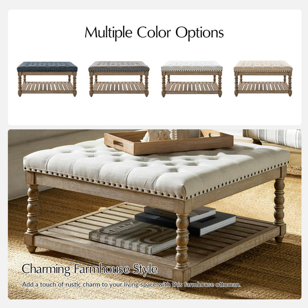 Upholstered Rectangular Ottoman with Spindle Legs & Storage Shelf