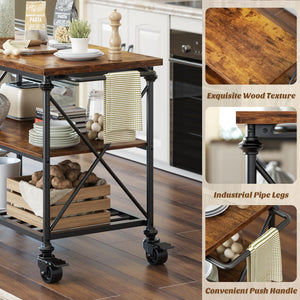 3-Tier Rolling Kitchen Island Cart with Pipe Legs