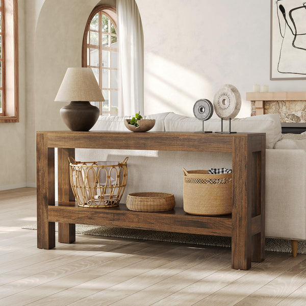 63-Inch Farmhouse Console Table with 2-Tier Shelves