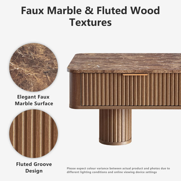 Fluted Coffee Table with Storage & Faux Marble Top