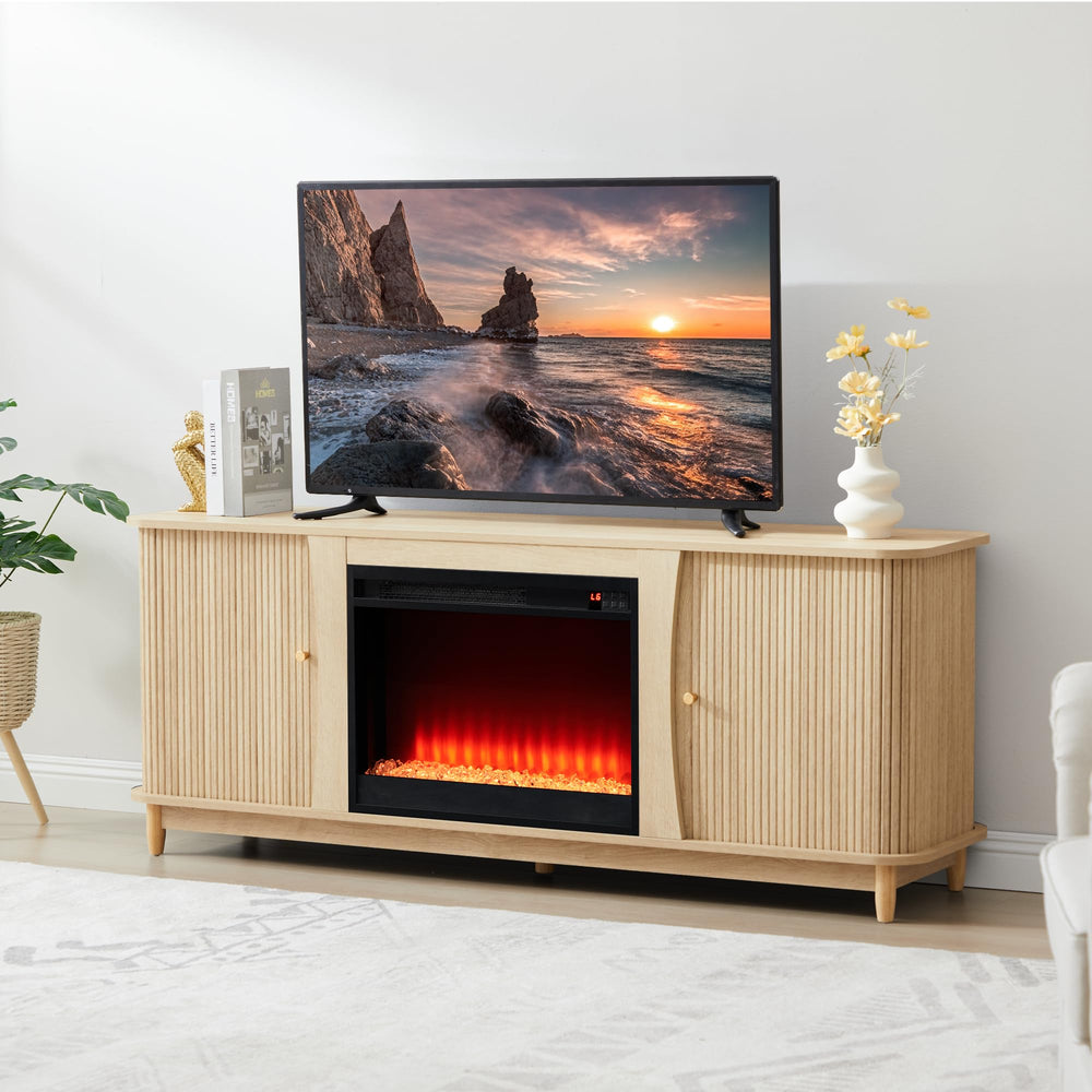 Fireplace TV Stand with Sliding Doors & Storage