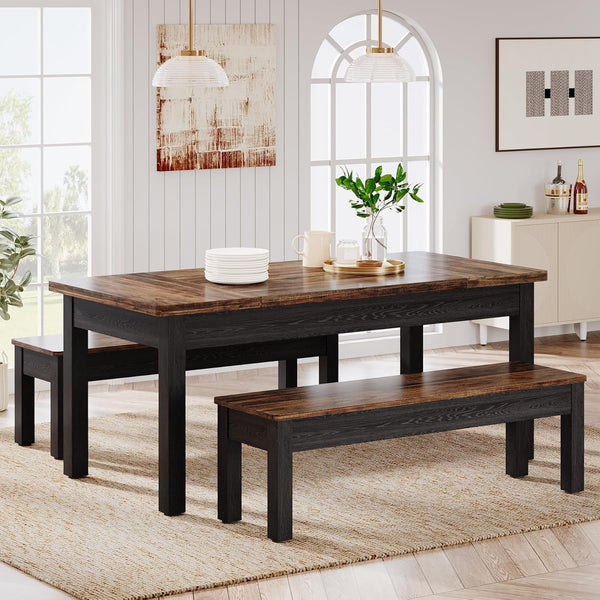 Farmhouse Dining Table Set with 2 Benches, Seats 4–6