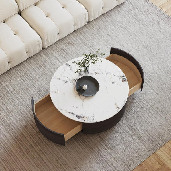 Round Coffee Table with Drawers & Sintered Stone Top