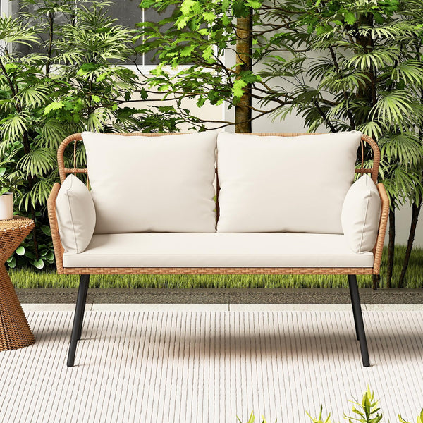 2-Seater Outdoor PE Rattan Loveseat Sofa with Cushions