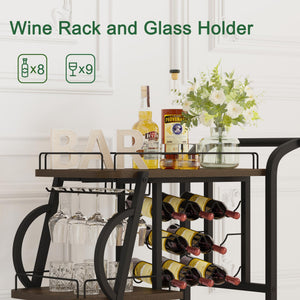 3-Tier Rolling Bar Cart with Wine Glass Holder