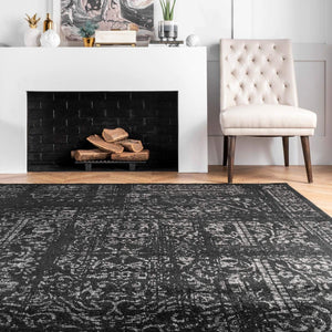 Vintage Medallion Area Rug 10x14 – Polypropylene Indoor Rug, Black & Grey