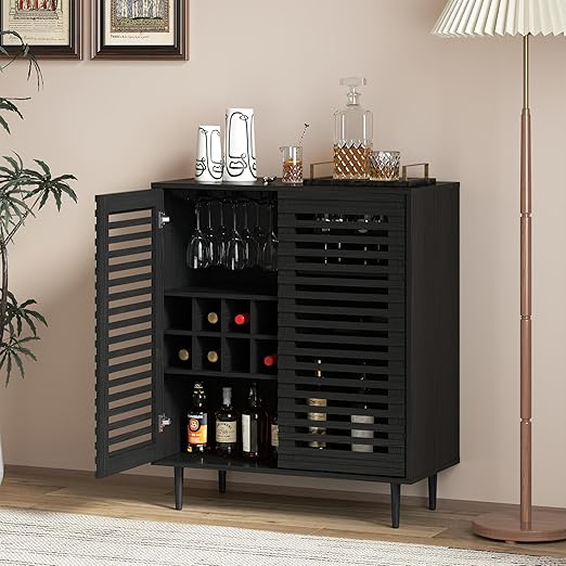 Mid-Century Bar Cabinet with Wine Rack & Slatted Doors